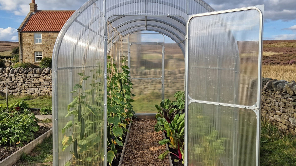 Cucumbers and chard inside a SteelRoot Climber 2.10 greenhouse