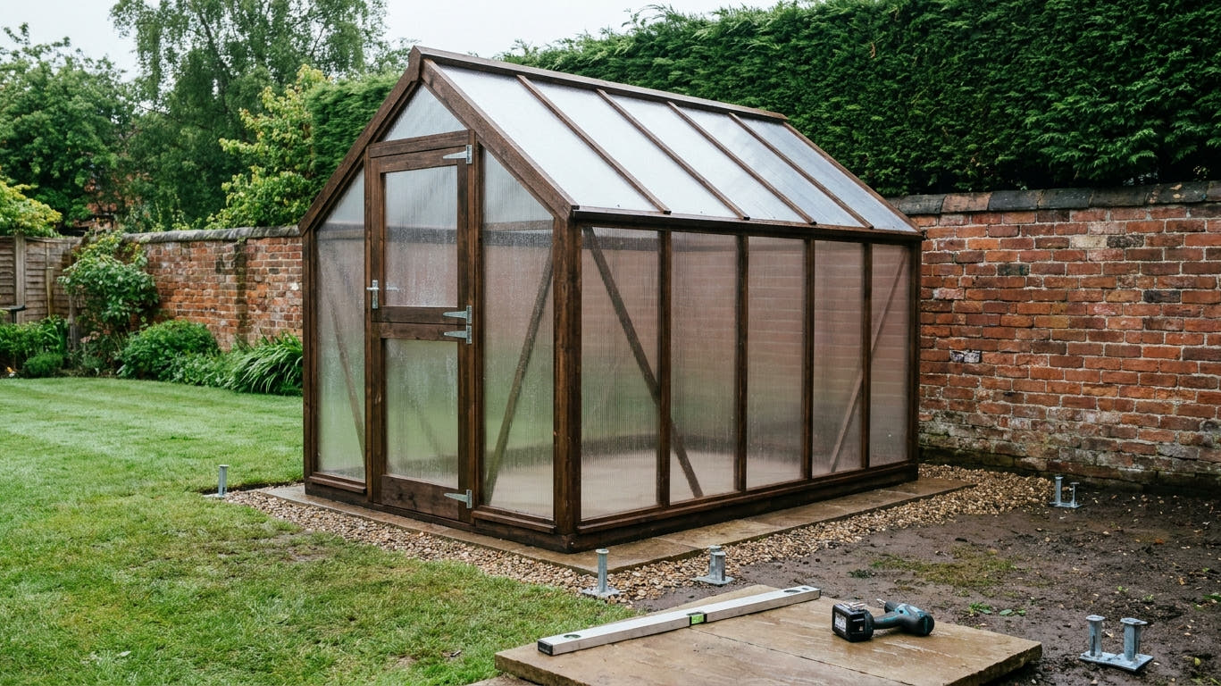 A timber-framed polycarbonate greenhouse newly installed on a level base in a British back garden, with ground anchors at the corners