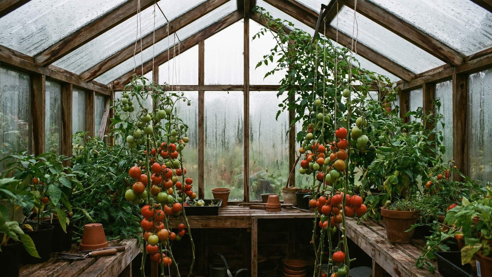 Tomato plants in a humid timber greenhouse under overcast late-summer light