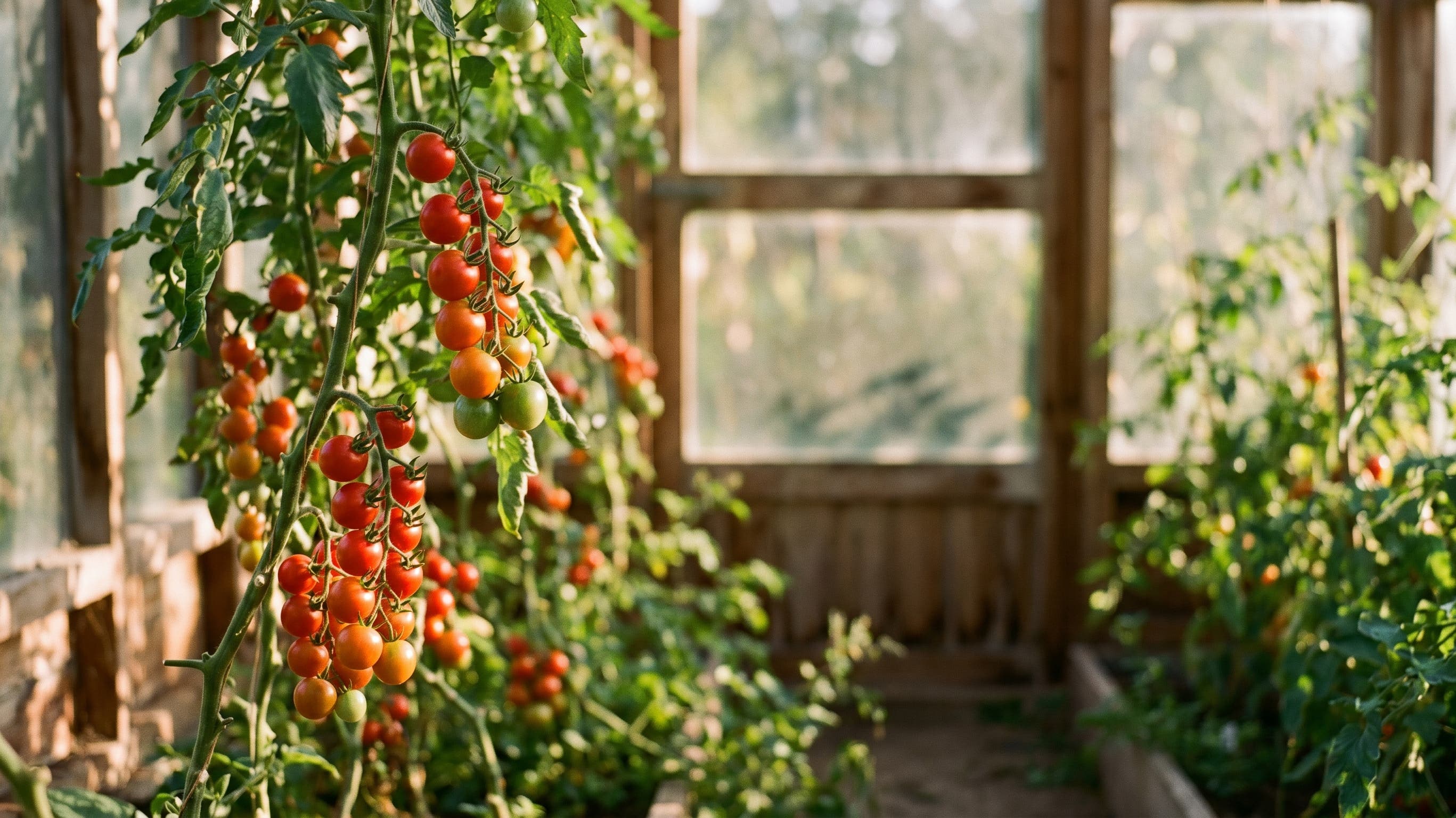 Ripe and ripening tomatoes on the vine in a sunlit timber greenhouse