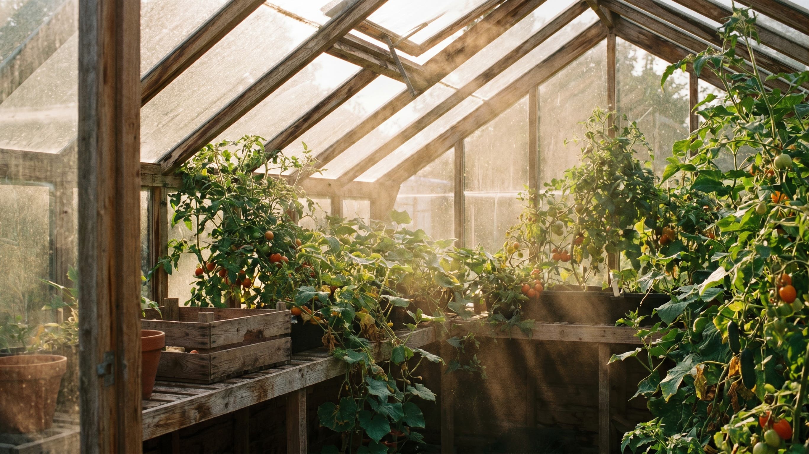 Sunlit timber greenhouse interior with tomato plants on a hot summer day