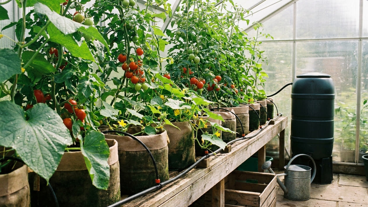 Greenhouse tomatoes and cucumbers in grow bags on a timber bench, fed by a drip line from a black water butt