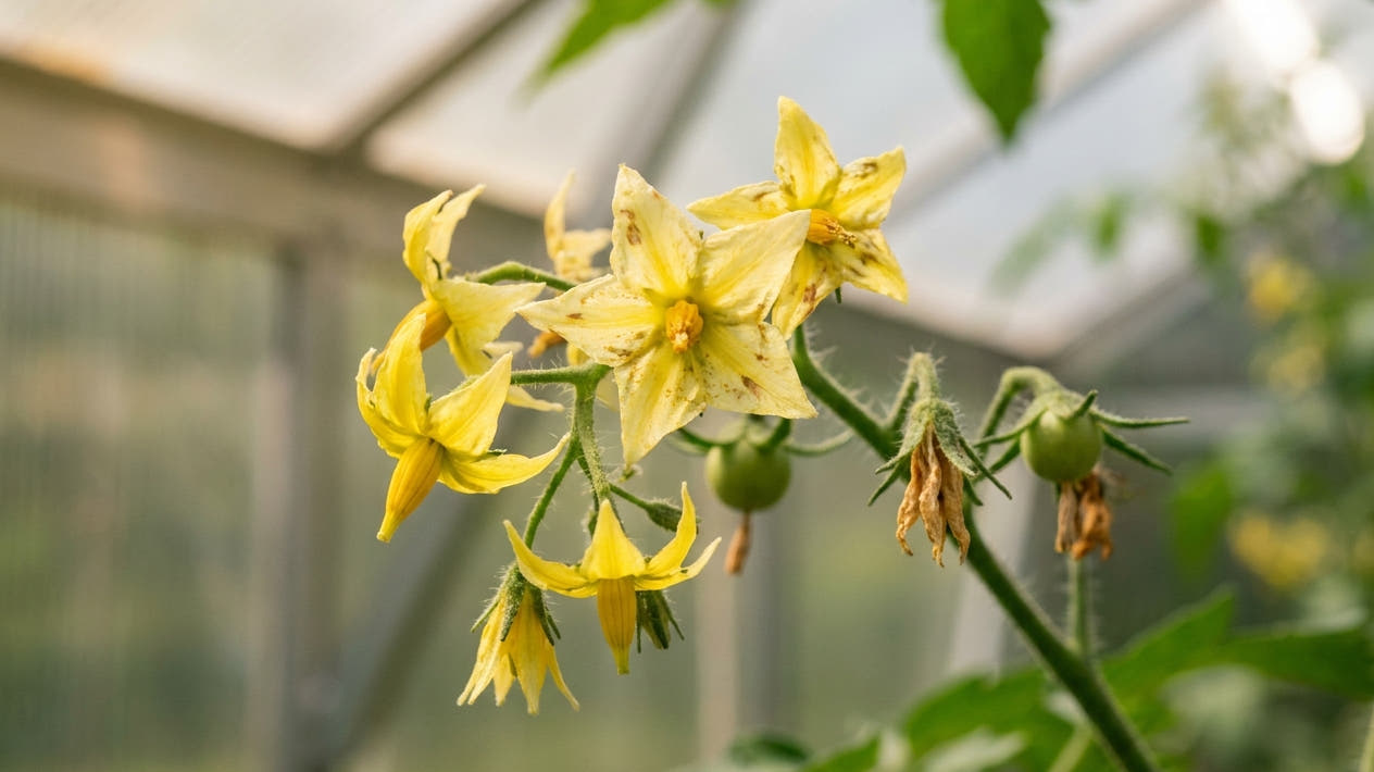 A tomato truss in a greenhouse with open yellow flowers and a few tiny green fruit just set