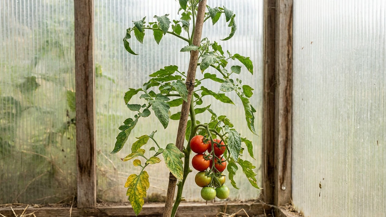 A greenhouse tomato plant on a cane support with a ripening truss and some lower-leaf stress