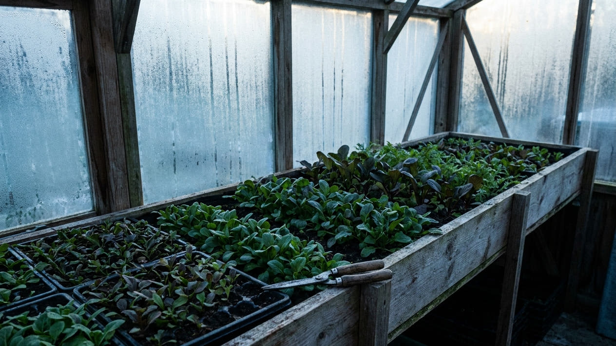 Trays of young winter salad leaves on a timber bench in an unheated greenhouse, condensation on the panels
