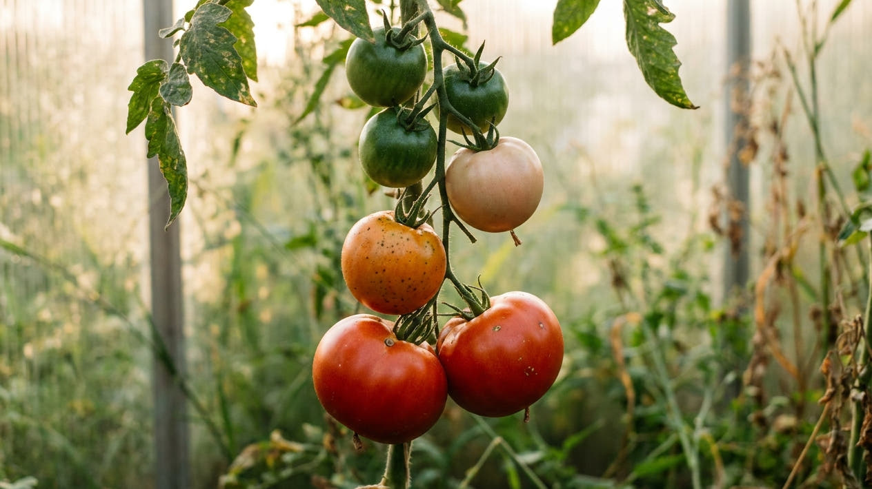 A tomato truss in an autumn greenhouse ripening through green, orange and red on one stem