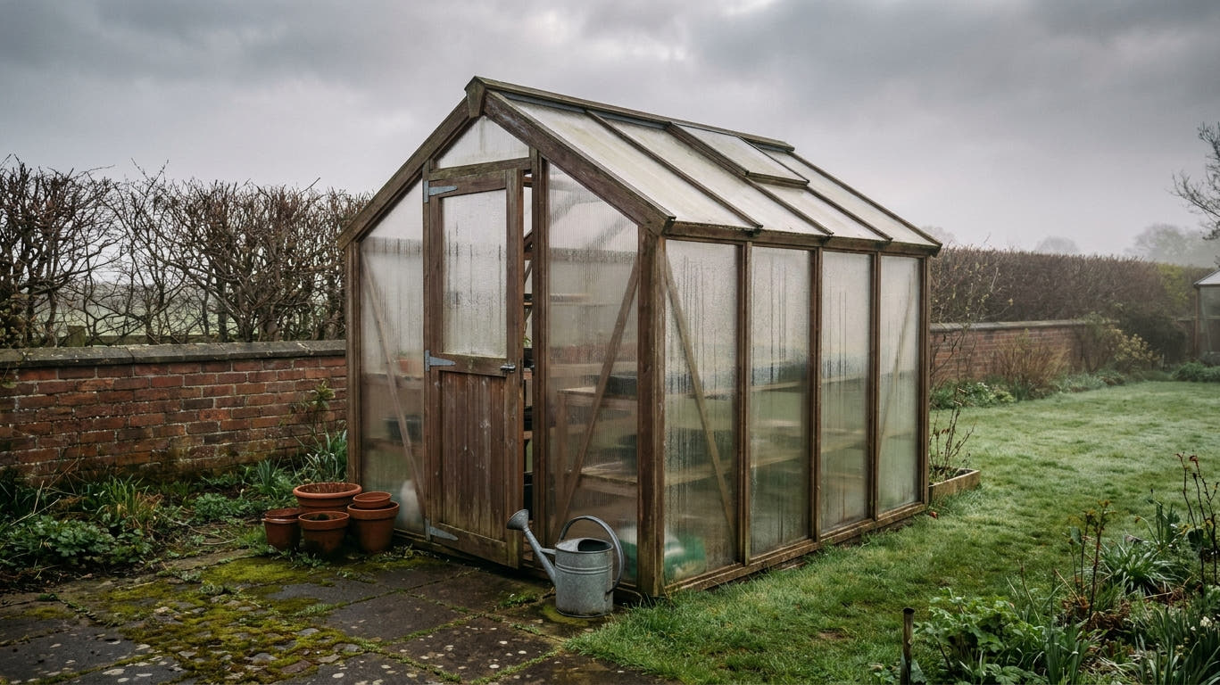A compact timber-framed greenhouse in a small British back garden on a spring morning