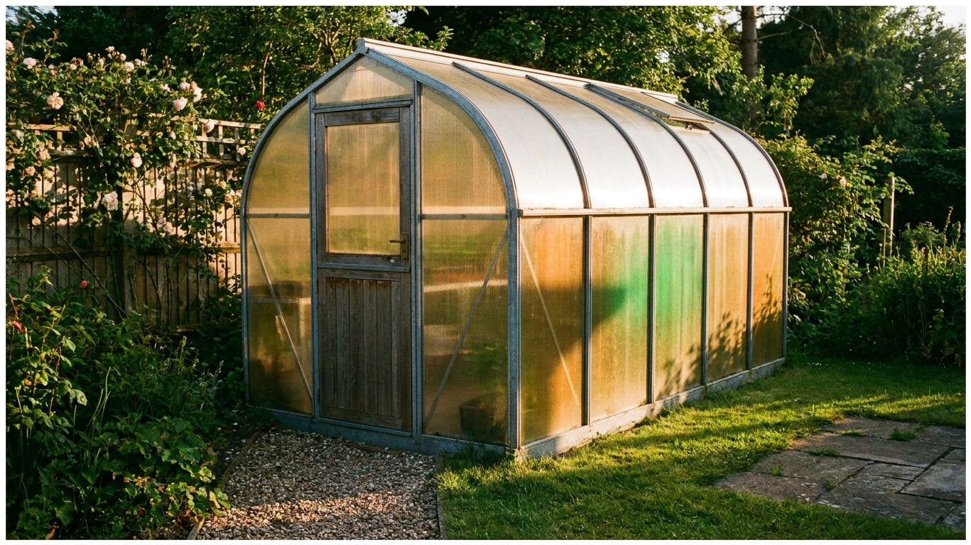 A metal arch greenhouse with twin-wall polycarbonate glazing in a British garden at golden hour