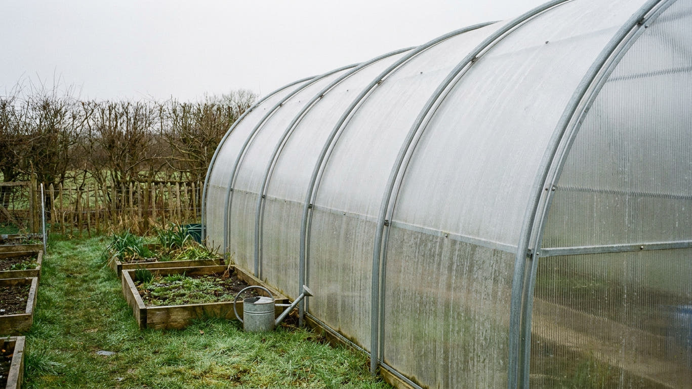 A rigid polycarbonate polytunnel with a galvanised steel arch frame on a British allotment