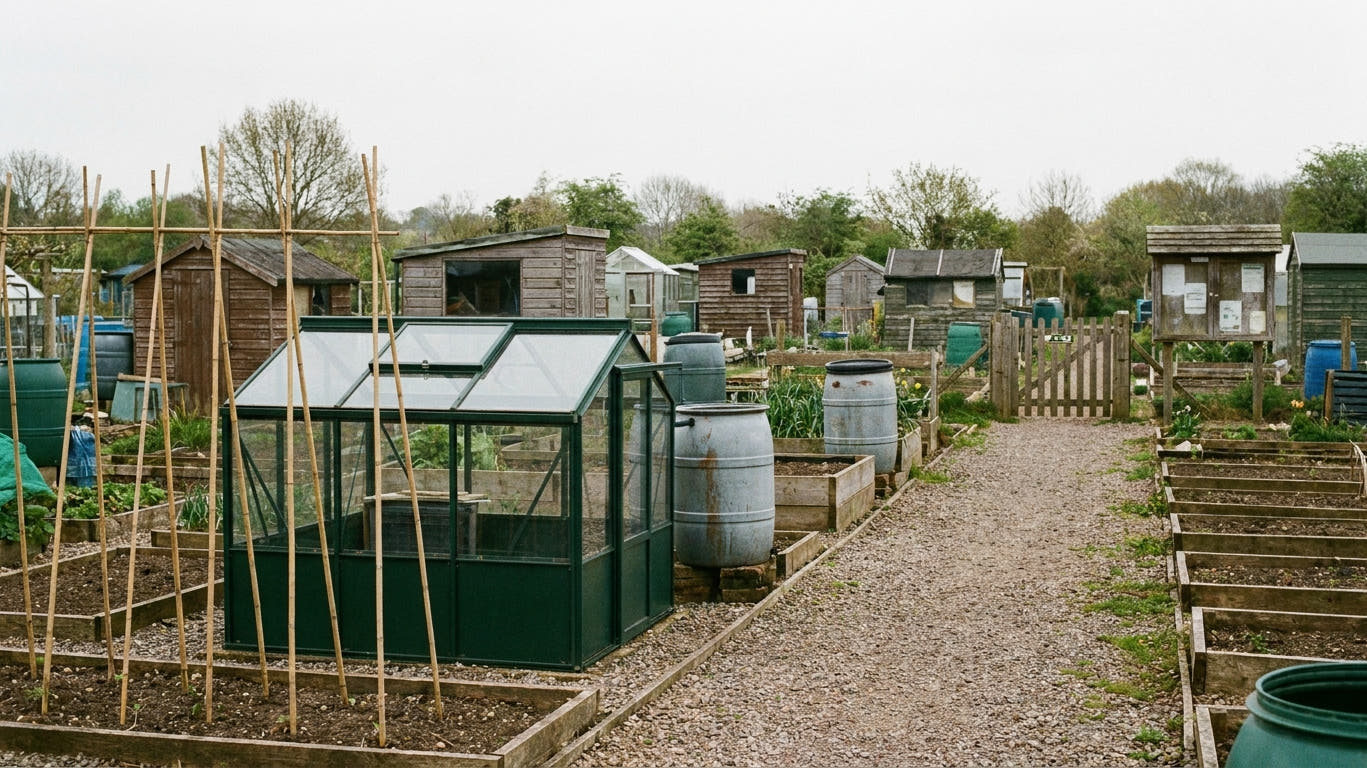 A British allotment site with a low rigid arch greenhouse on one plot