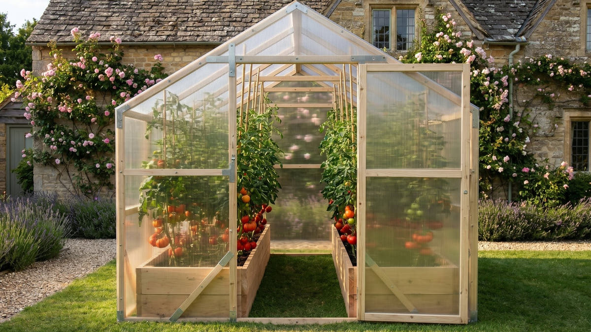 NORDIC wooden greenhouse with beefsteak tomatoes inside, beside roses