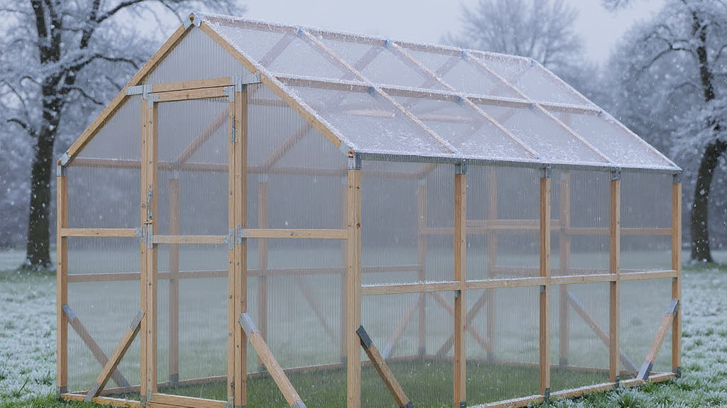 NORDIC wooden greenhouse on a frosty UK winter morning