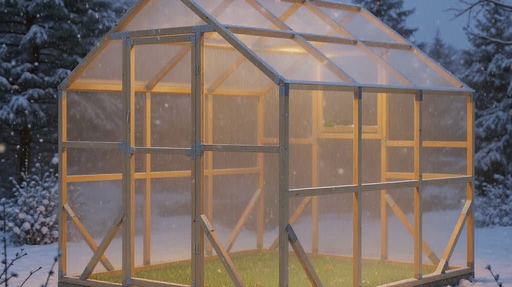 NORDIC wooden greenhouse in snow with warm insulated interior glow