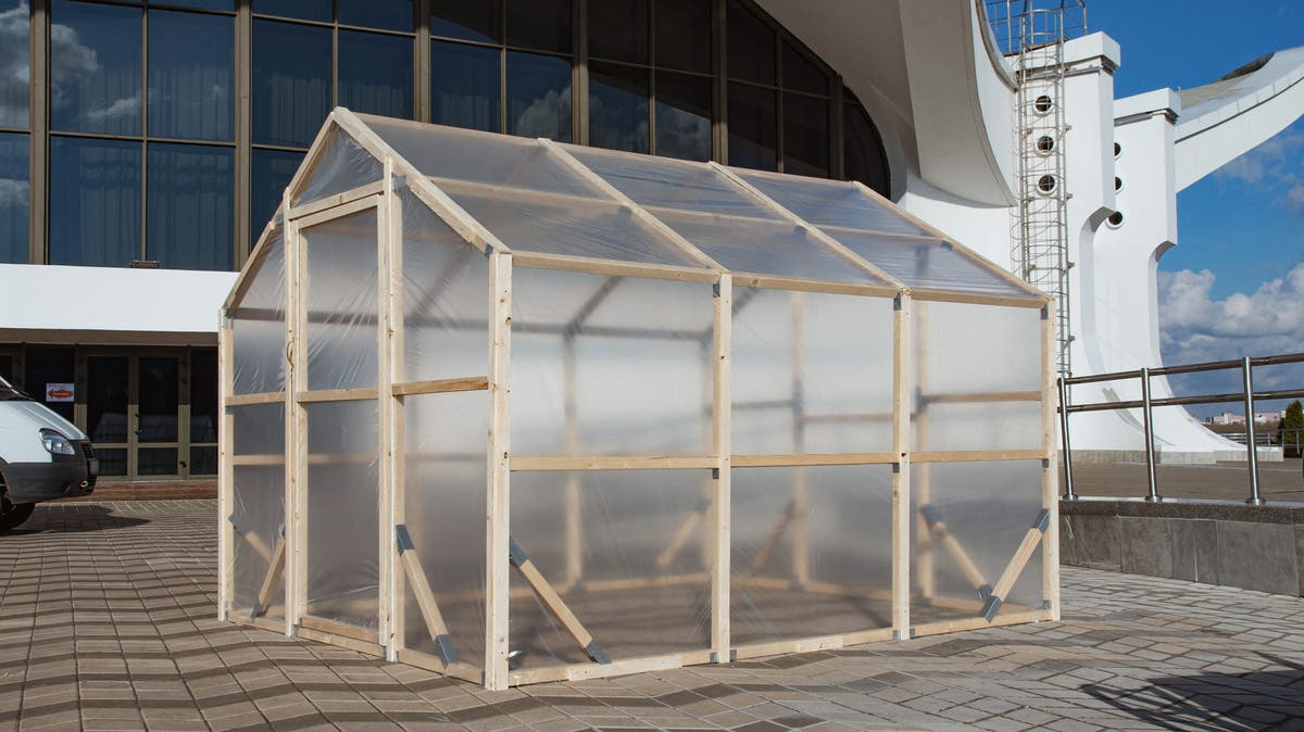 NORDIC wooden greenhouse from the side, pine frame and twin-wall polycarbonate