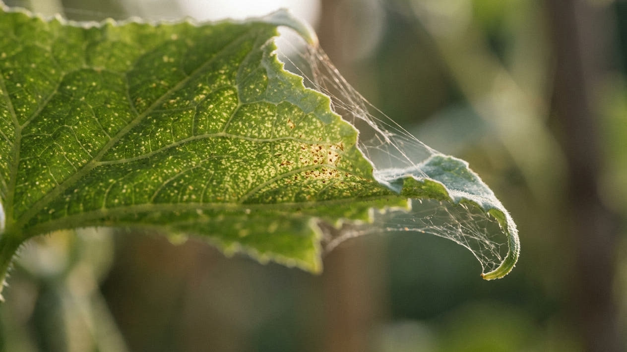 Close-up of a leaf with fine pale stippling and silk webbing along the edge, the sign of red spider mite