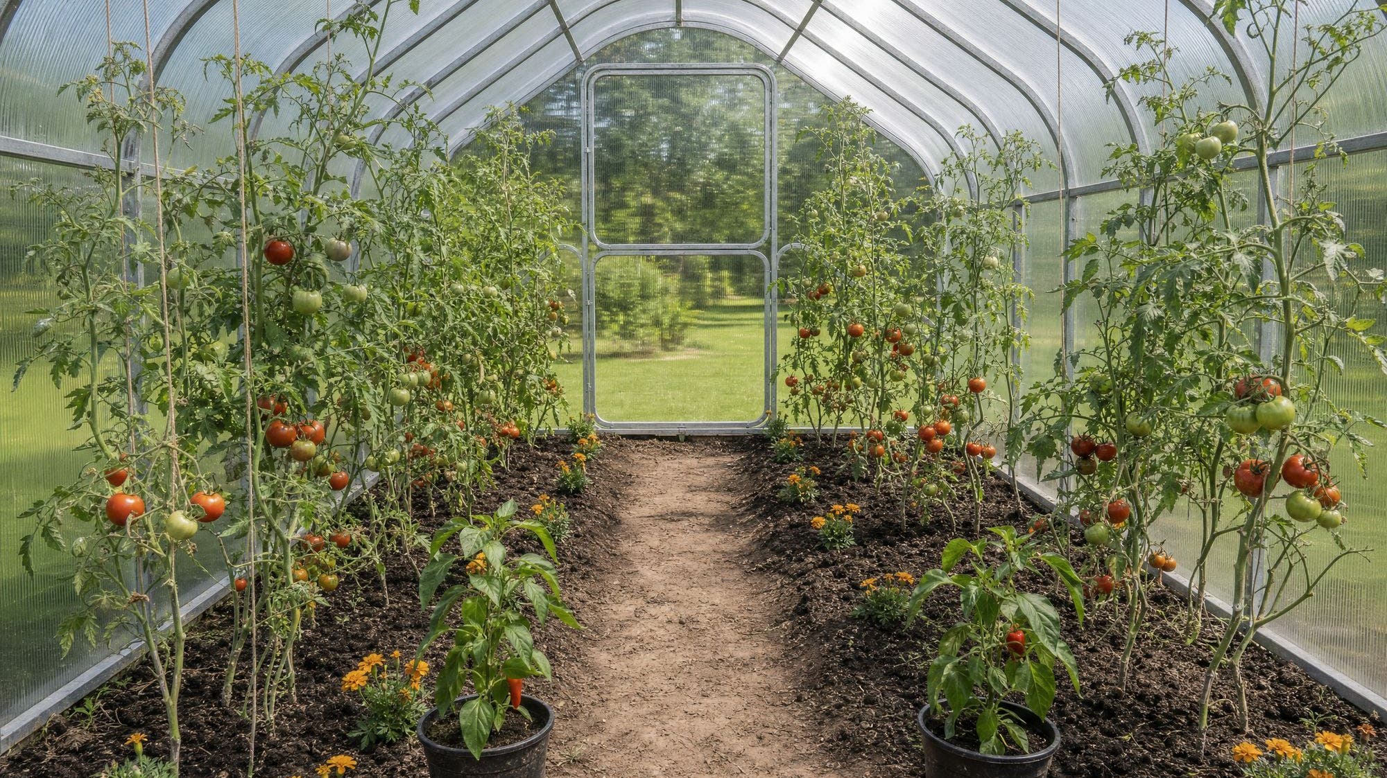Watering tomatoes in a greenhouse