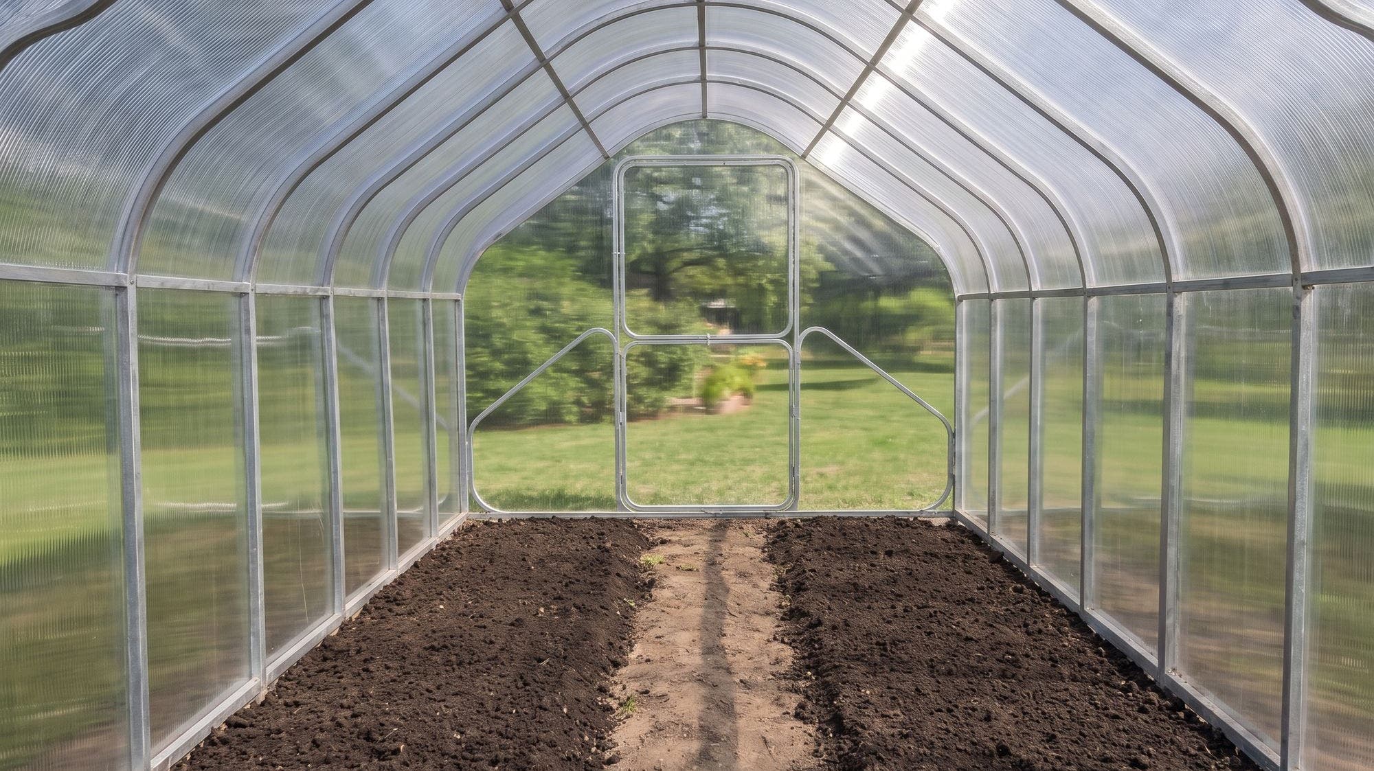 Raised beds inside a steel greenhouse