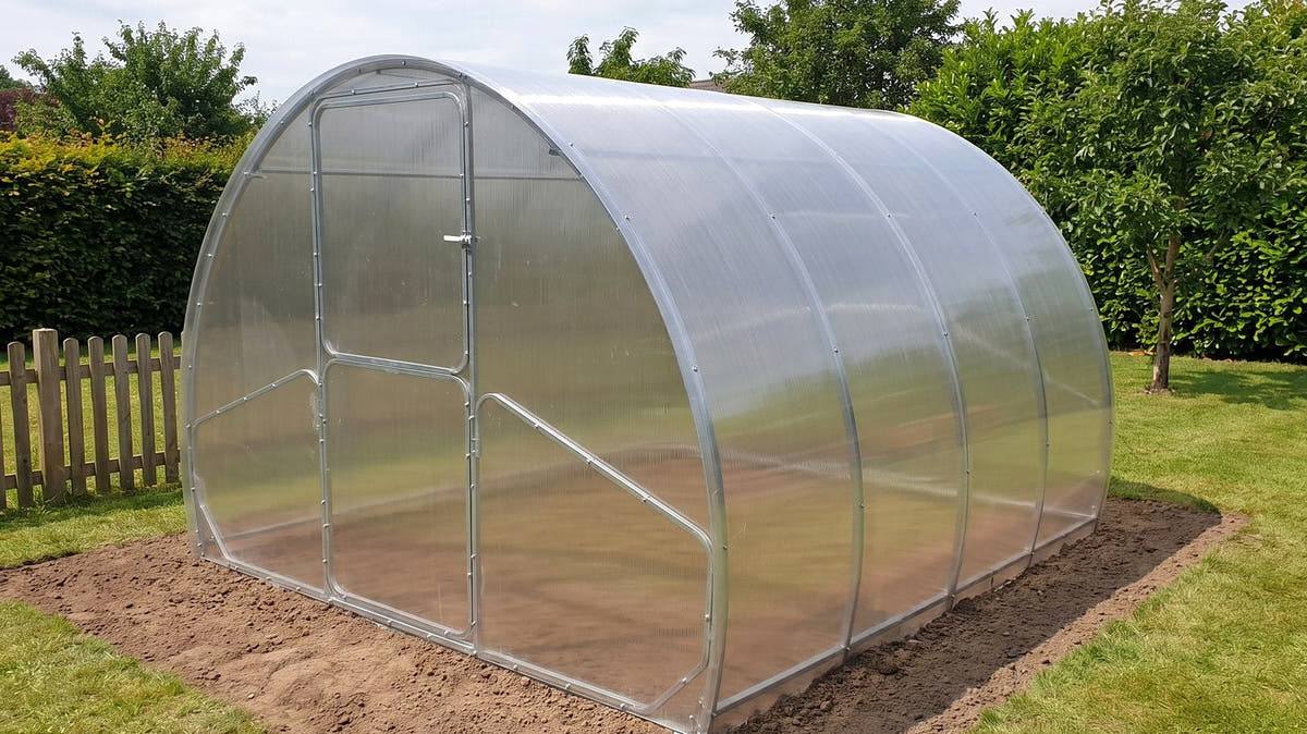 SteelRoot Plot 3.14 galvanised steel arch greenhouse with twin-wall polycarbonate in a garden