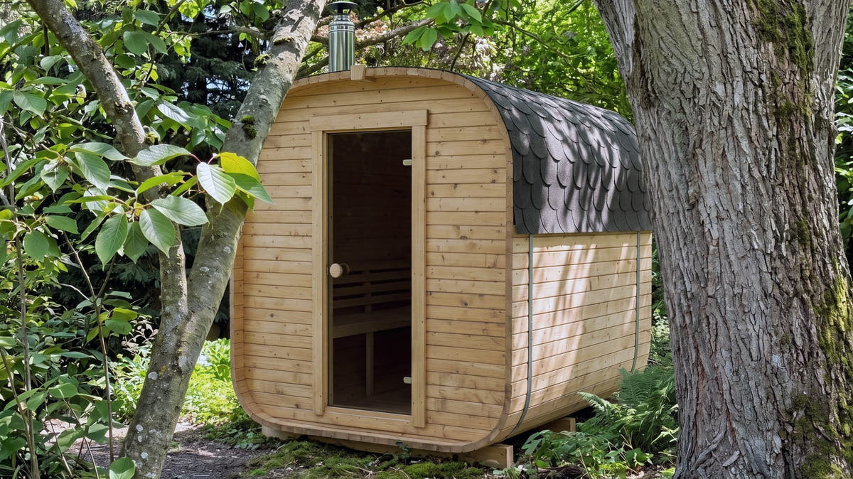 The Cabin Three compact outdoor sauna standing under a tree in a garden