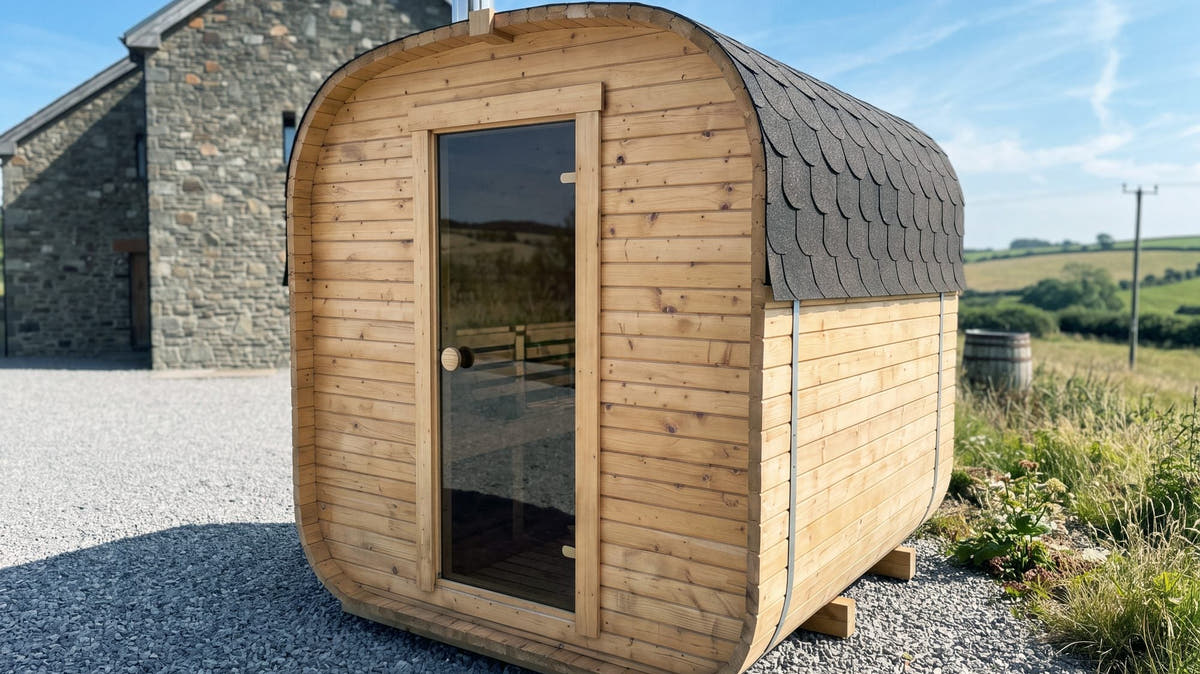 Wood-fired Cabin Three outdoor sauna with its flue, standing beside a stone house