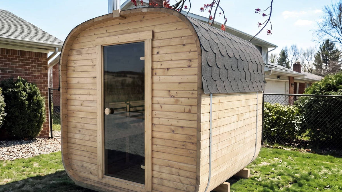 The Cabin Three wood-fired outdoor sauna with a stainless flue in a back garden