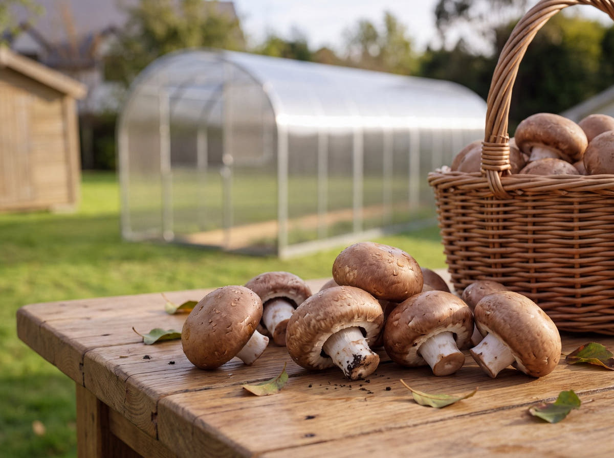 Chestnut mushrooms on a garden table beside a wicker basket, with a polycarbonate greenhouse behind