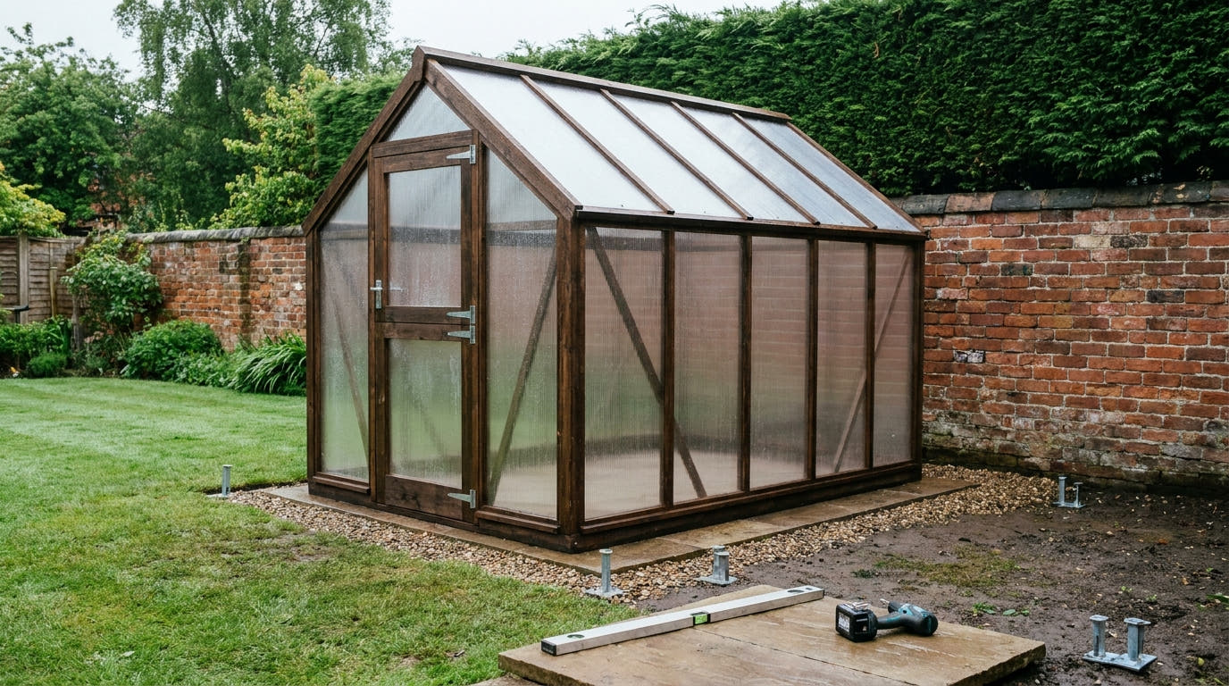 A timber-framed polycarbonate greenhouse newly installed on a level base in a British back garden, with ground anchors at the corners