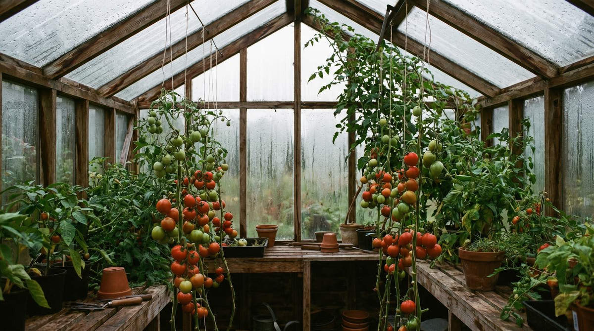 Tomato plants in a humid timber greenhouse under overcast late-summer light