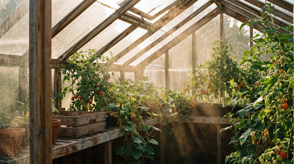 Sunlit timber greenhouse interior with tomato plants on a hot summer day