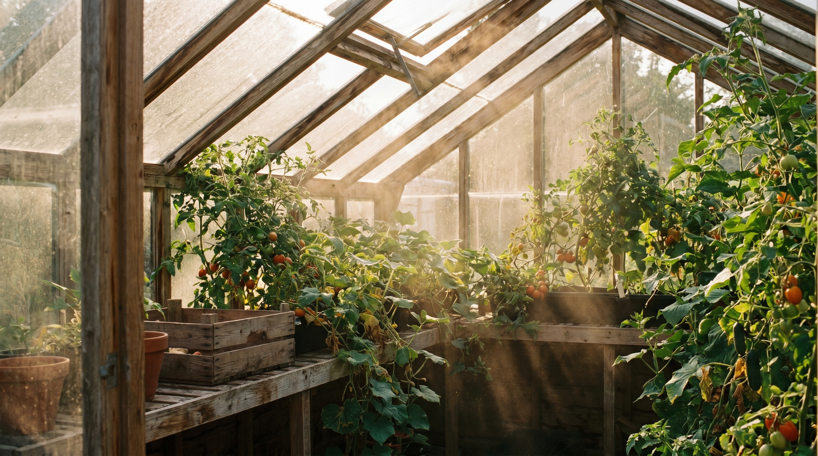 Sunlit timber greenhouse interior with tomato plants on a hot summer day