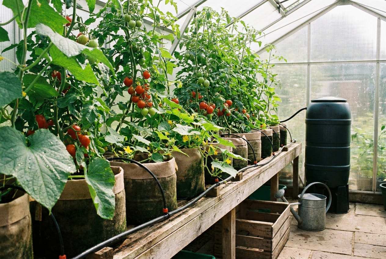 Greenhouse tomatoes and cucumbers in grow bags on a timber bench, fed by a drip line from a black water butt