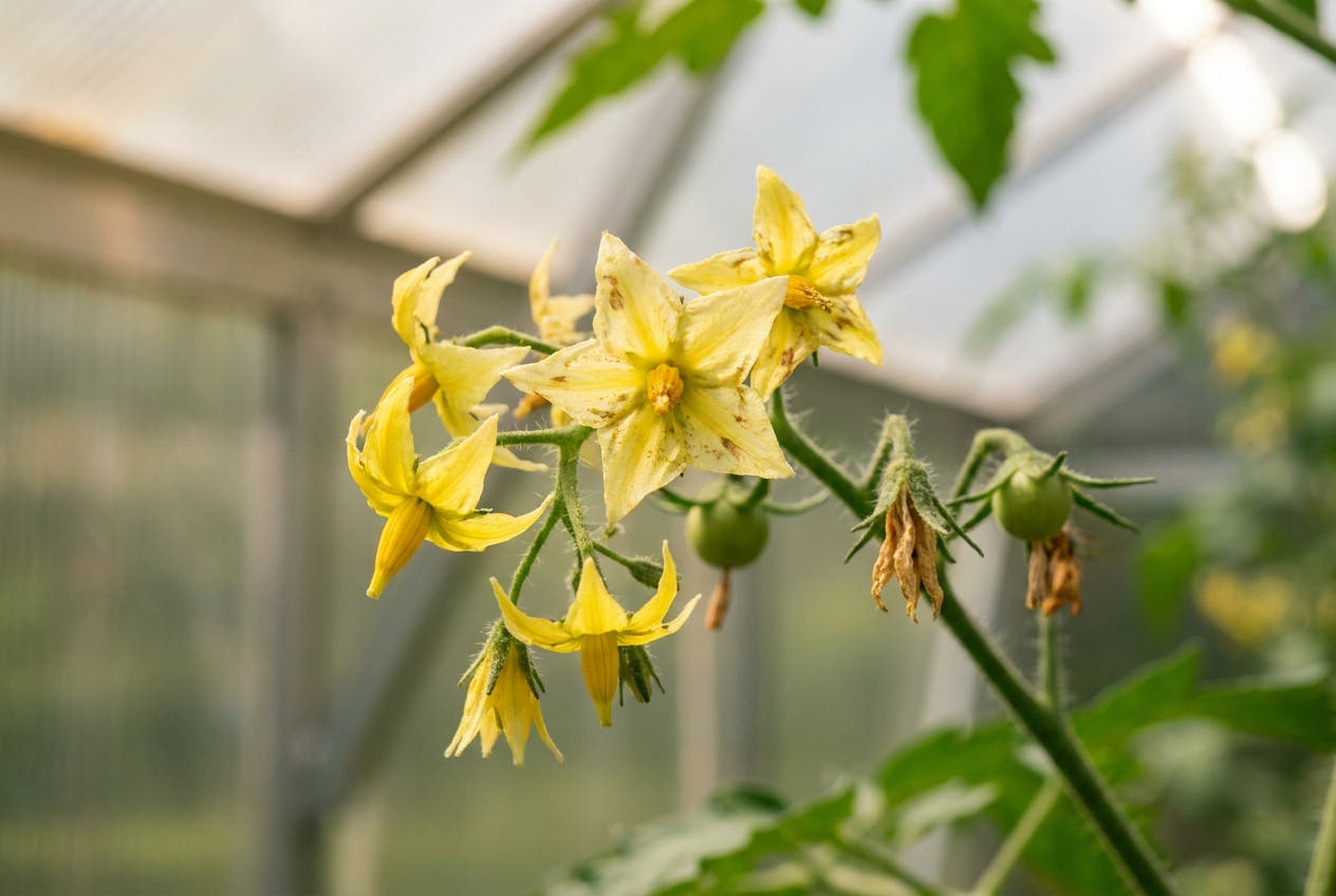 A tomato truss in a greenhouse with open yellow flowers and a few tiny green fruit just set