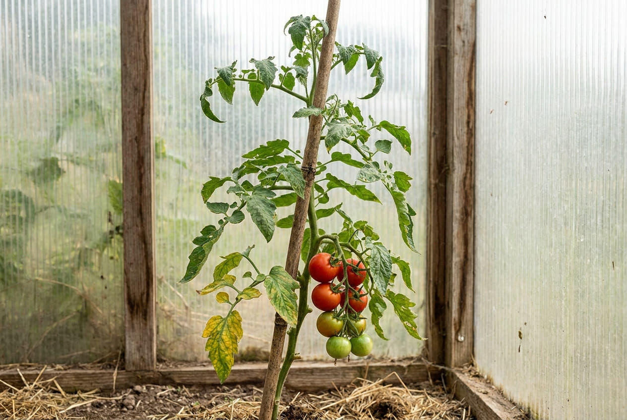 A greenhouse tomato plant on a cane support with a ripening truss and some lower-leaf stress