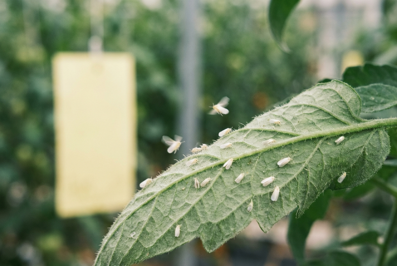 Whiteflies on the underside of a greenhouse tomato leaf with a yellow sticky trap behind