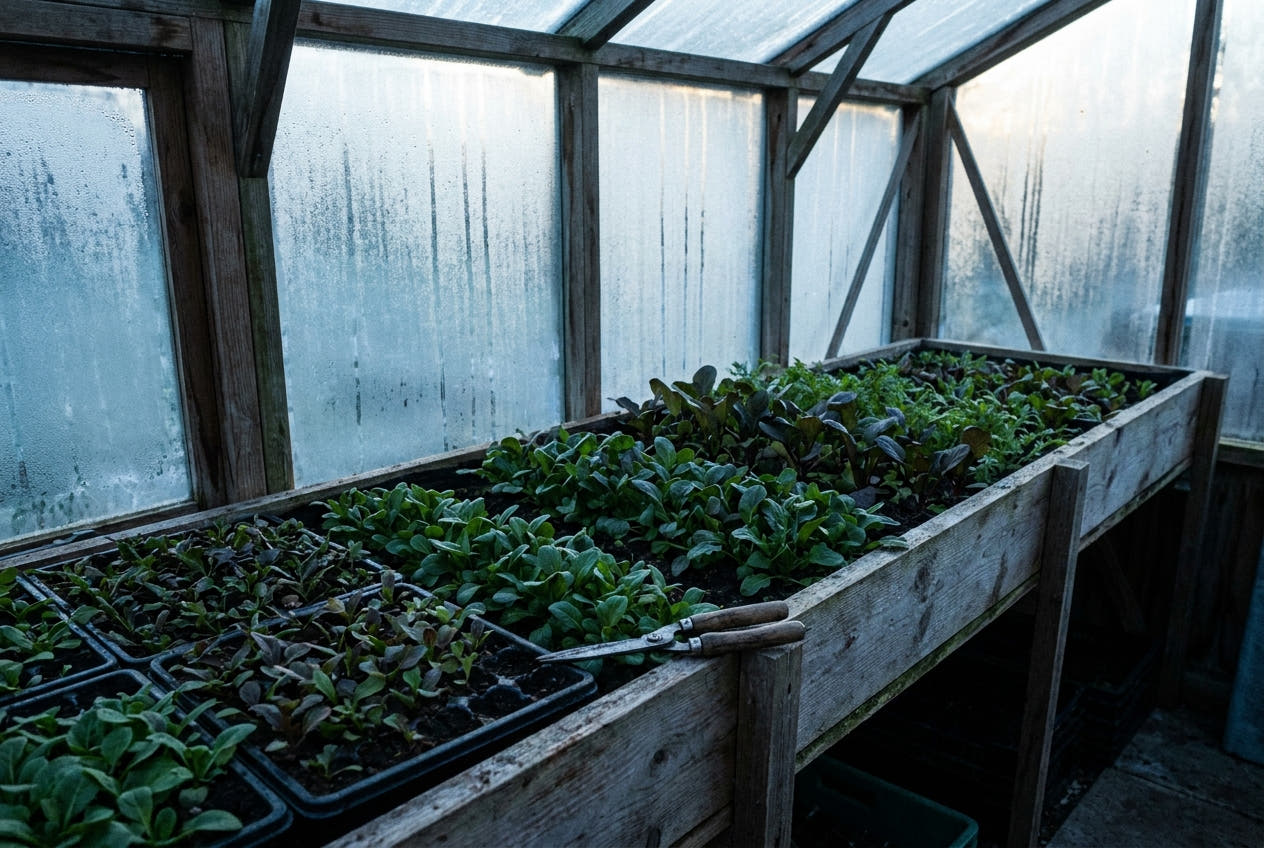 Trays of young winter salad leaves on a timber bench in an unheated greenhouse, condensation on the panels