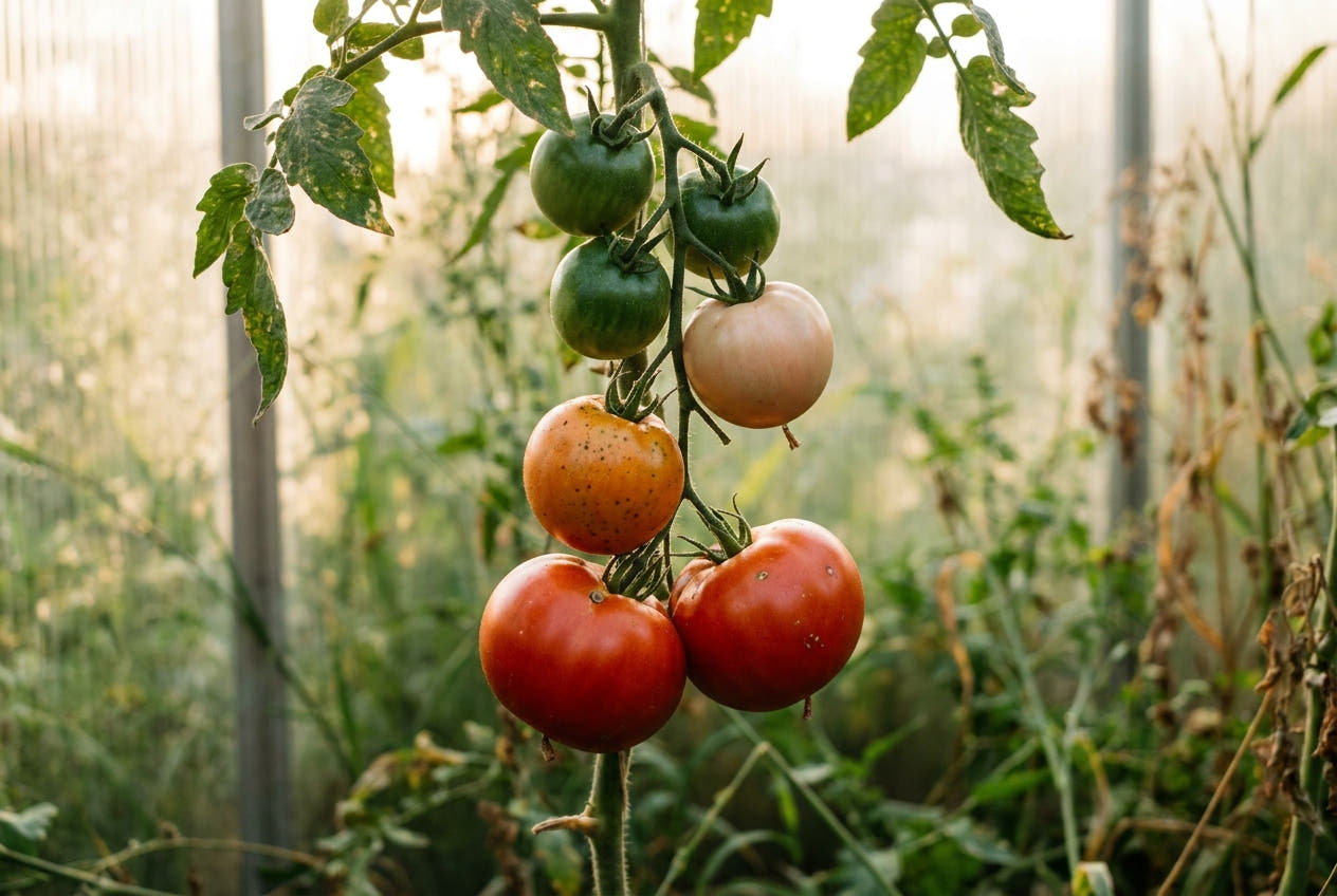 A tomato truss in an autumn greenhouse ripening through green, orange and red on one stem