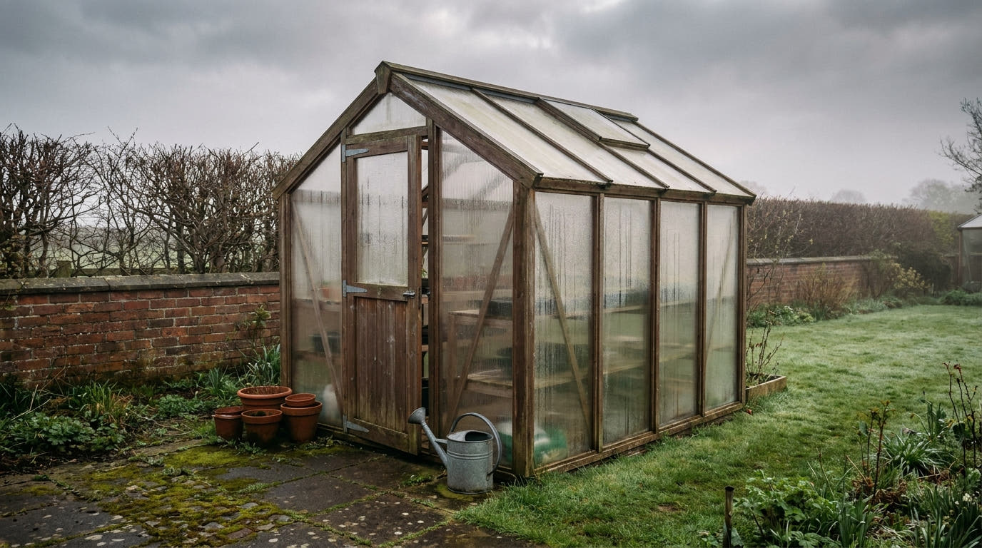 A compact timber-framed greenhouse in a small British back garden on a spring morning
