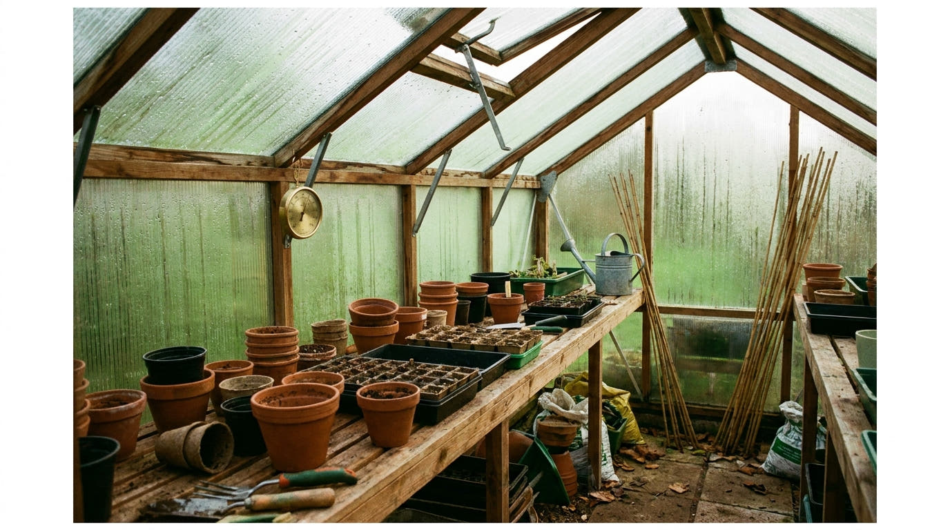 Inside a British greenhouse with timber staging, seed trays and an open roof vent