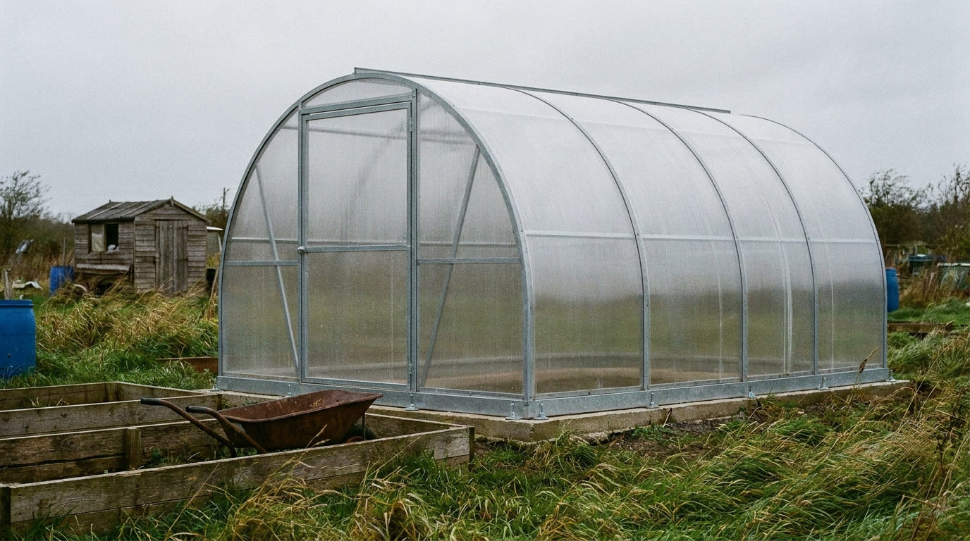 A galvanised-steel arch greenhouse on a British allotment