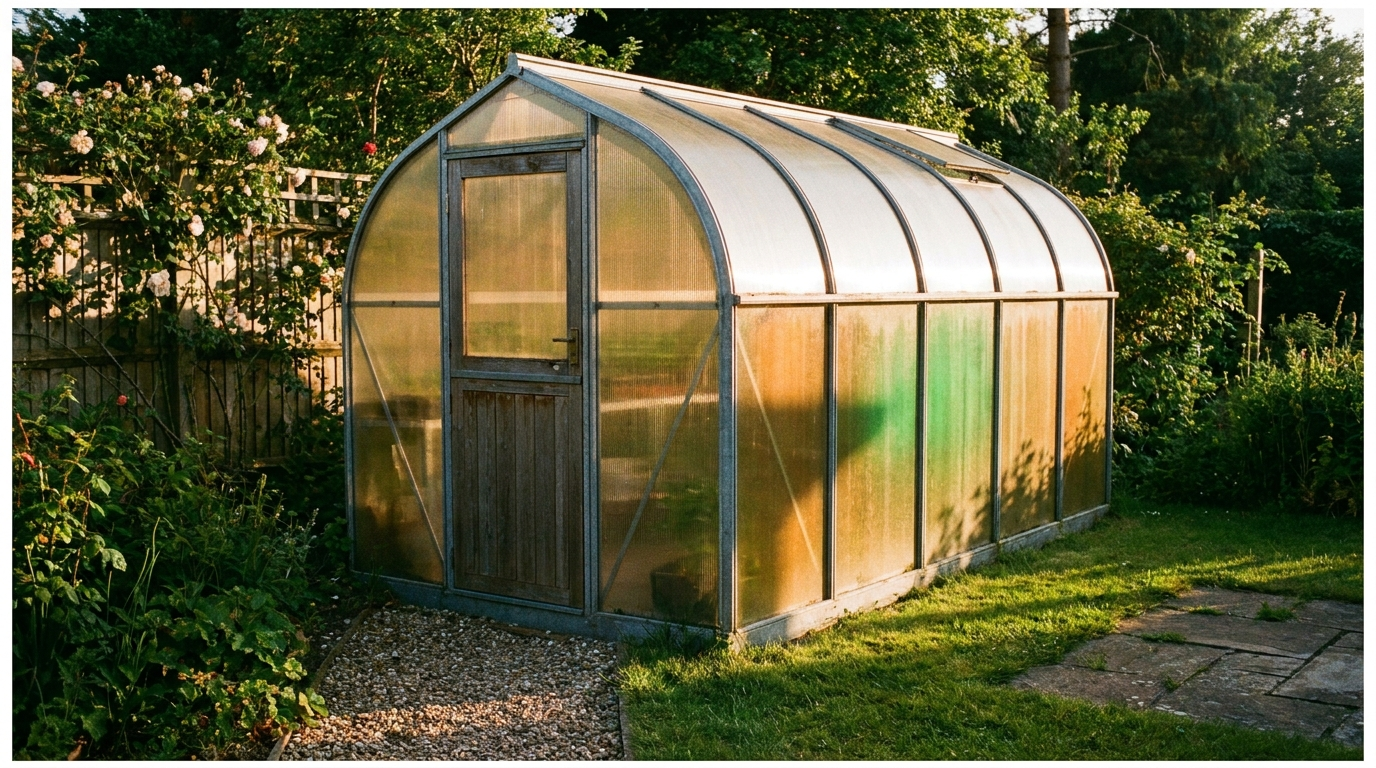 A metal arch greenhouse with twin-wall polycarbonate glazing in a British garden at golden hour