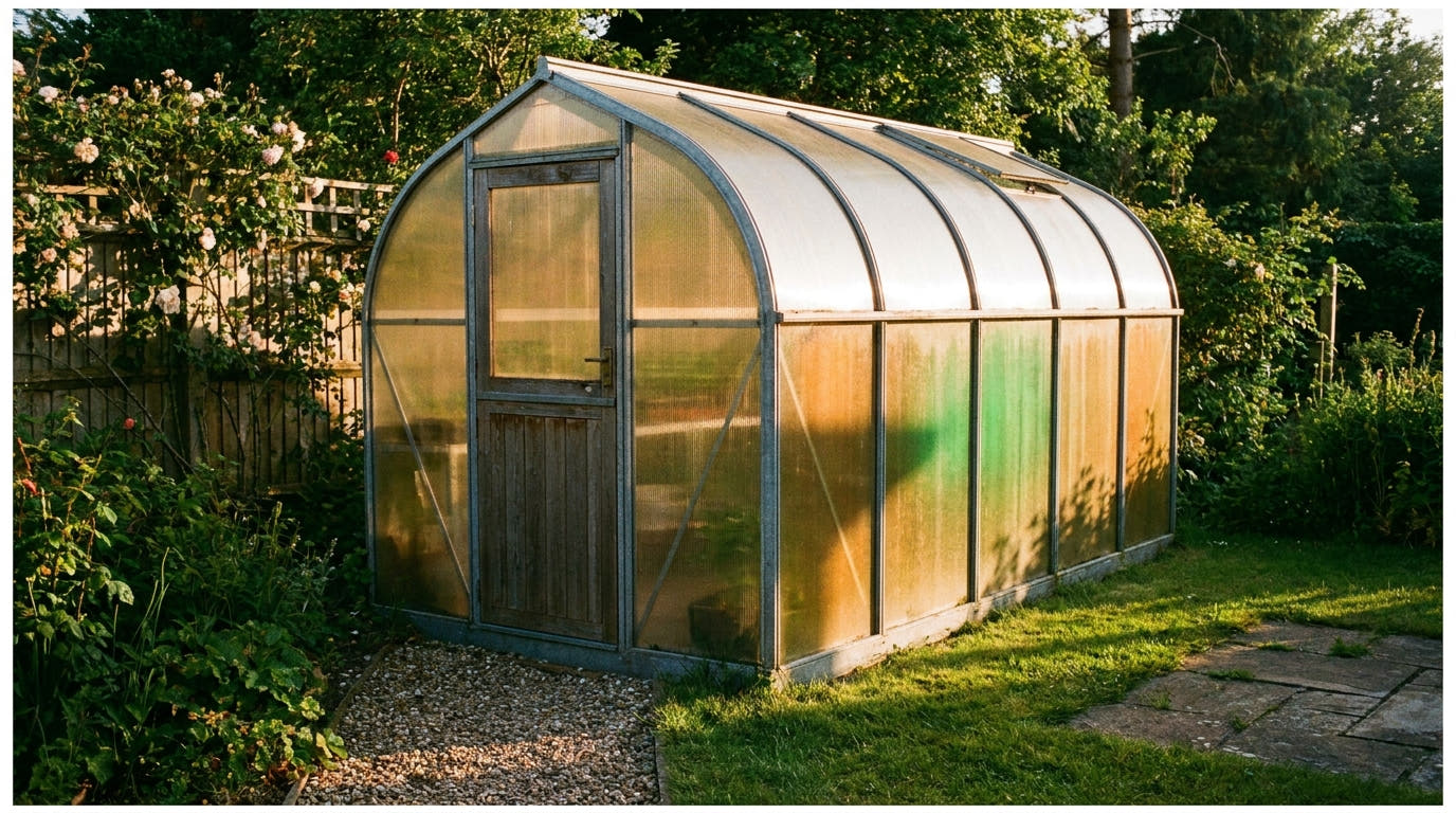 A metal arch greenhouse with twin-wall polycarbonate glazing in a British garden at golden hour