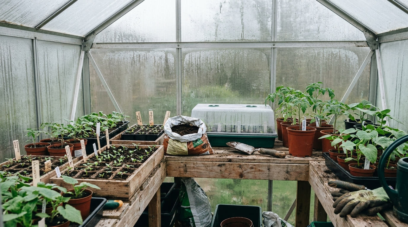 Spring seed trays and young seedlings on timber staging inside a British greenhouse