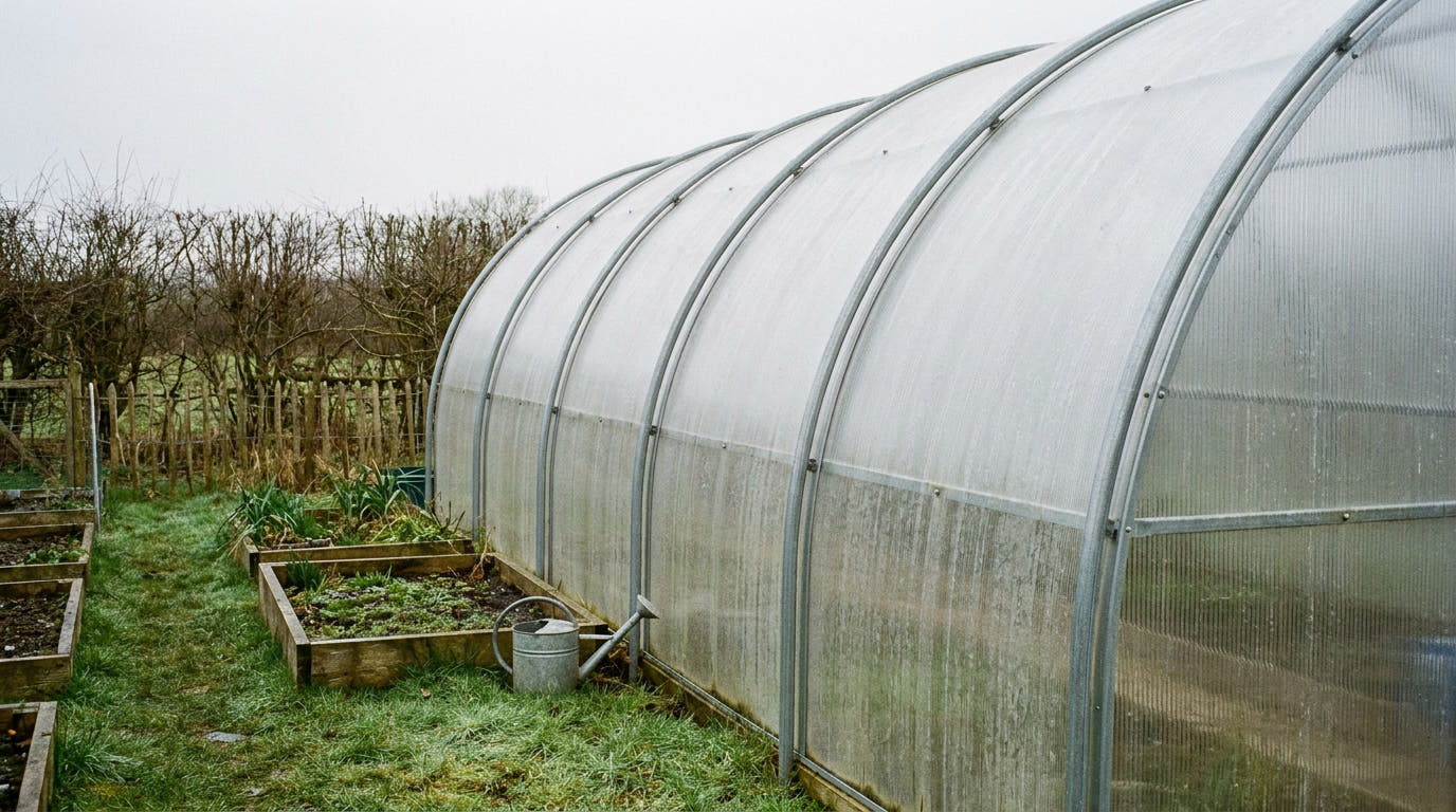 A rigid polycarbonate polytunnel with a galvanised steel arch frame on a British allotment