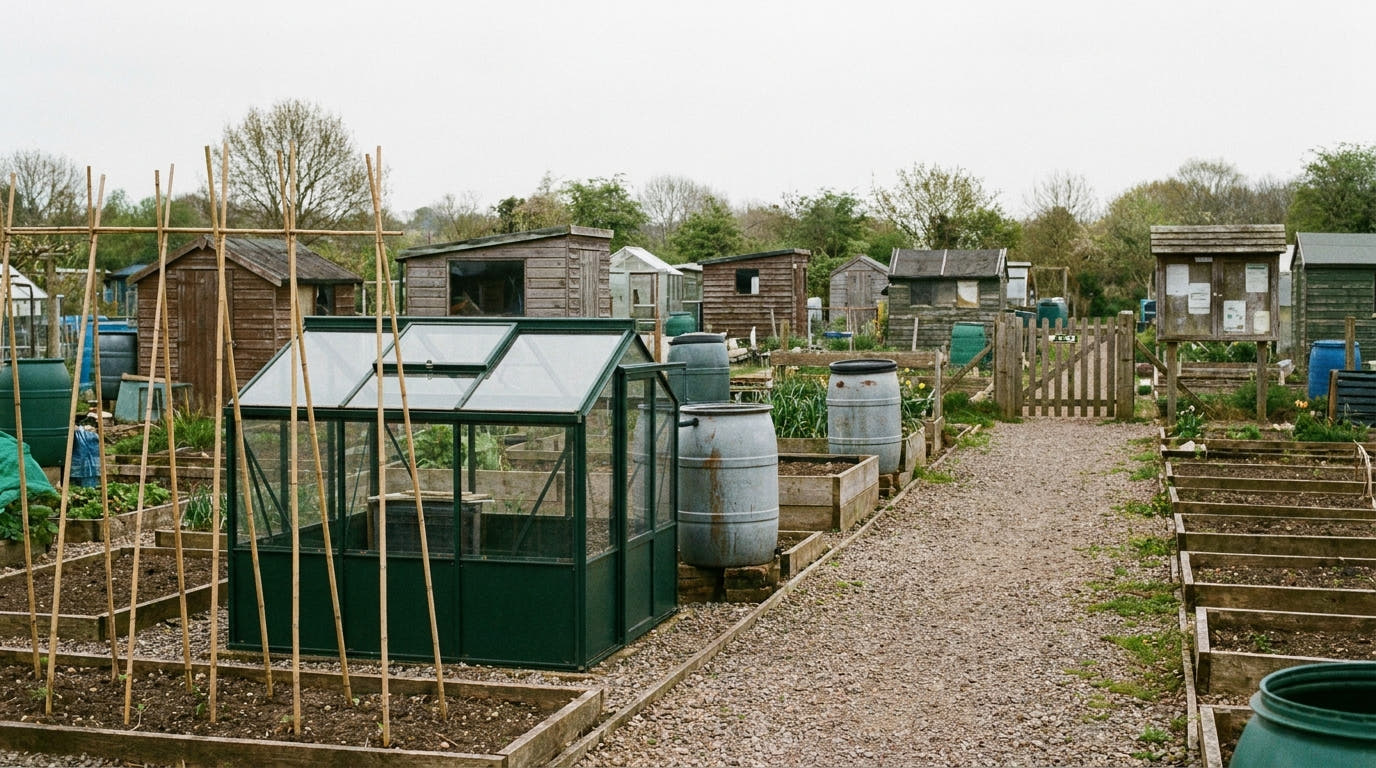 A British allotment site with a low rigid arch greenhouse on one plot
