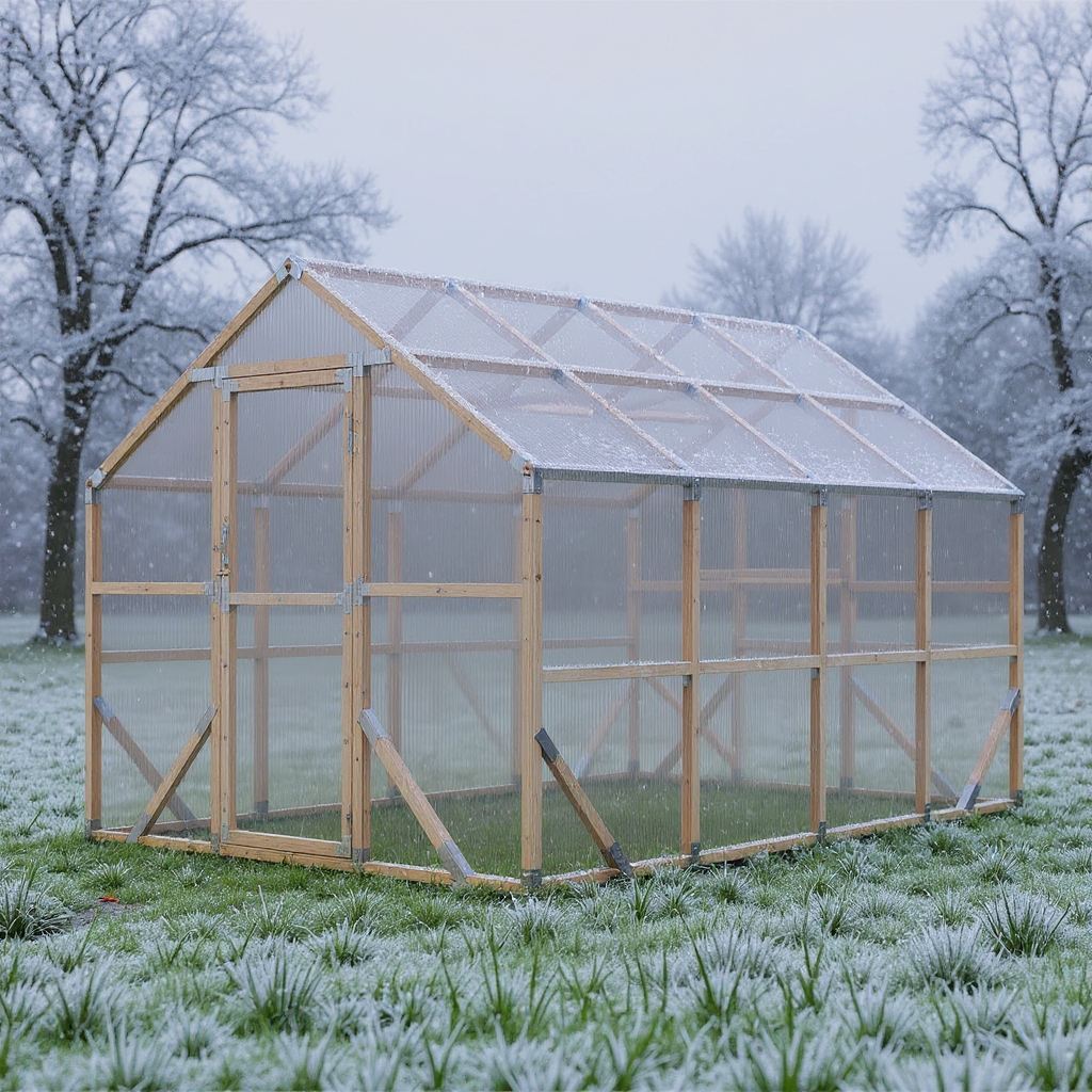 NORDIC wooden greenhouse on a frosty UK winter morning