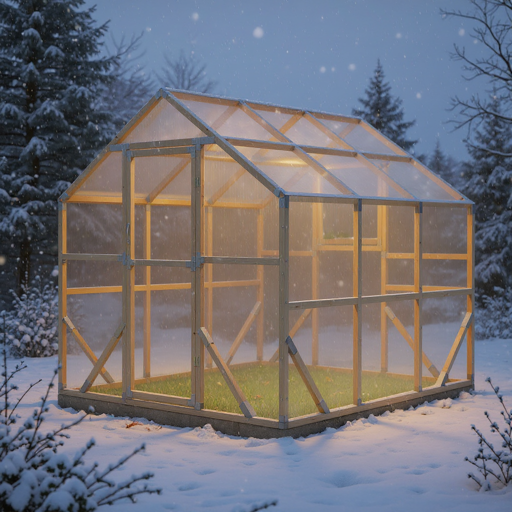 NORDIC wooden greenhouse in snow with warm insulated interior glow