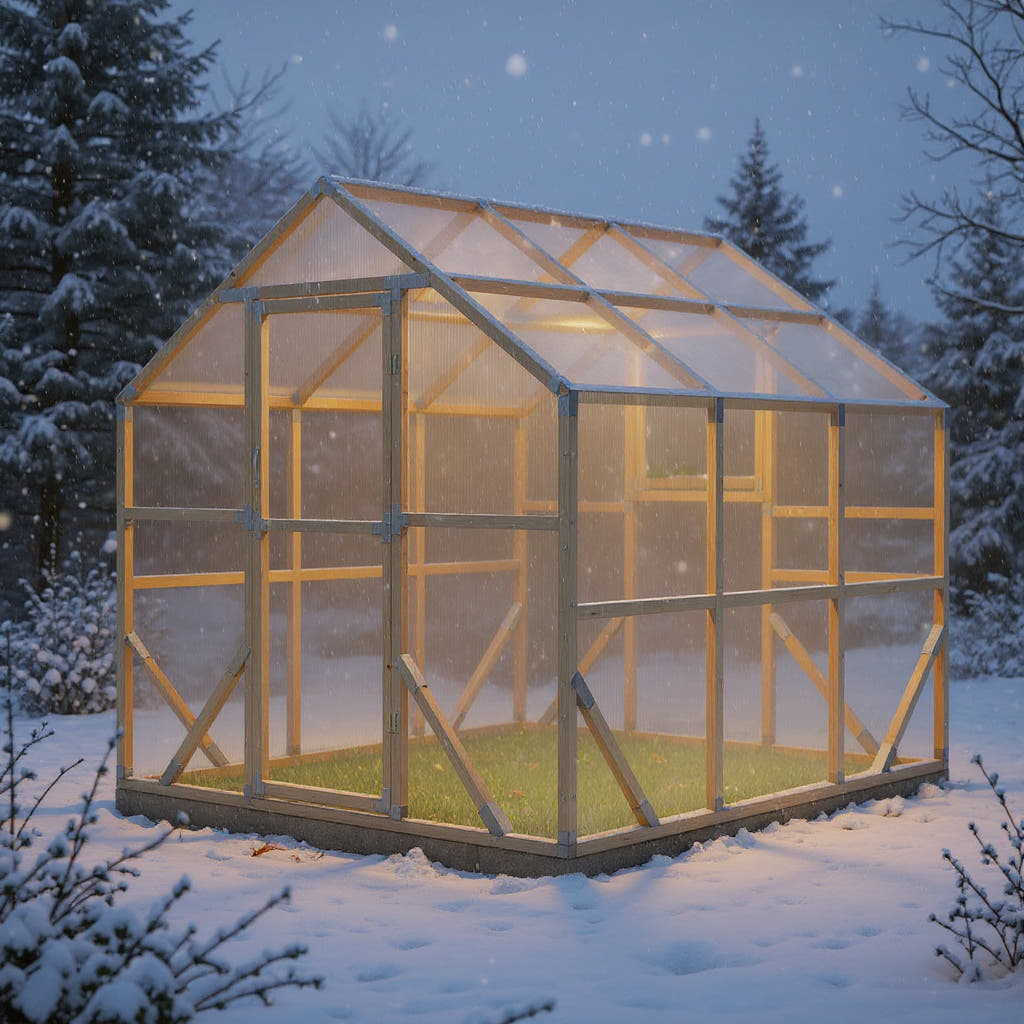 NORDIC wooden greenhouse in snow with warm insulated interior glow