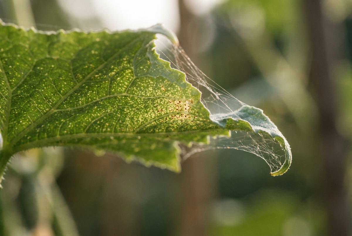 Close-up van een blad met fijne lichte stippen en spinsel langs de rand, het teken van spint in de kas