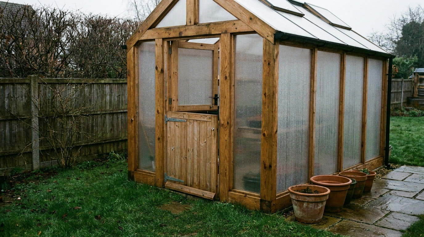 A Scandinavian-style timber-framed greenhouse with twin-wall polycarbonate glazing in a British back garden