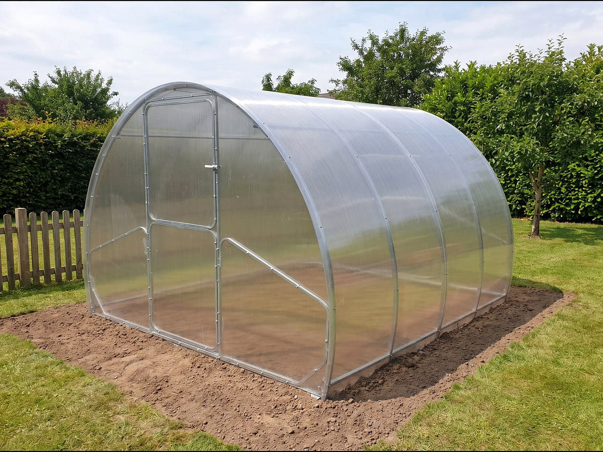 SteelRoot Plot 3.14 galvanised steel arch greenhouse with twin-wall polycarbonate in a garden